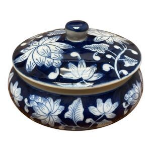 Vintage Asian Small Jar Blue and White Floral Ceramic Dish Trinket Candy